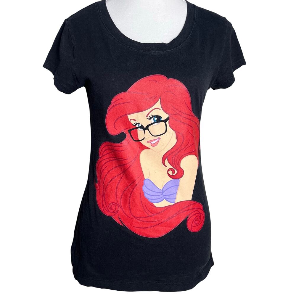 Disney The Little Mermaid Hipster Ariel Wearing Glasses Graphic Tee Black M